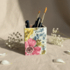Handcrafted decoupage wooden pen stand with floral artwork